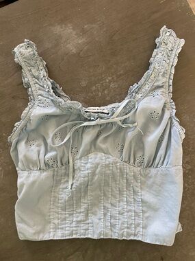 American Eagle Light Blue Eyelet Ruffle Tie-Front Tank